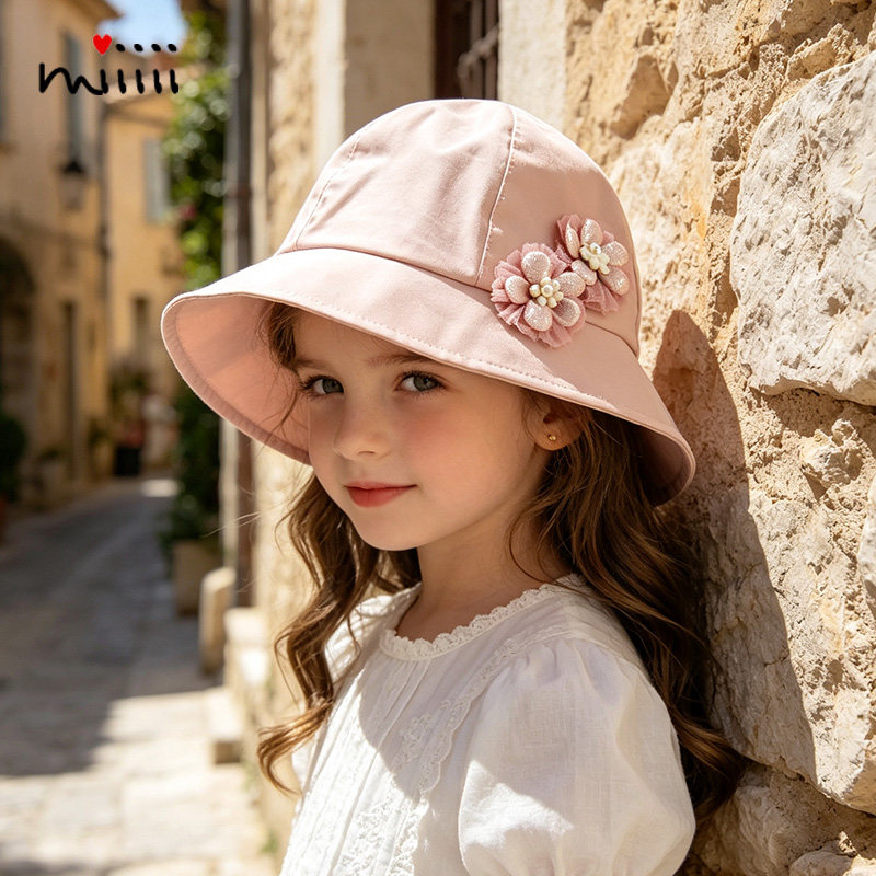 女童帽子春秋季薄款纯棉休闲花朵洋气百搭小孩儿童圆顶渔夫盆帽子