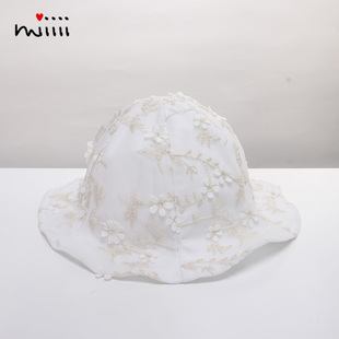 麦纷女童帽子春夏薄款纯棉白蕾丝花朵小孩儿童女宝宝瓜皮渔夫盆帽