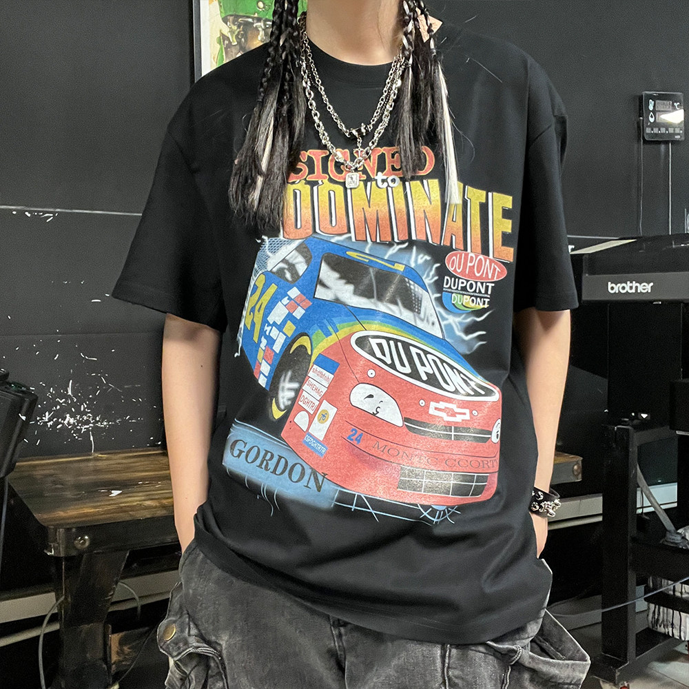 王有病工作室 260G重磅！科技赛车古着感美式街头原宿风短袖T恤