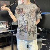 亚文化颓废风艺术拼接复古短袖 王有病工作室 180G水洗破洞 T恤