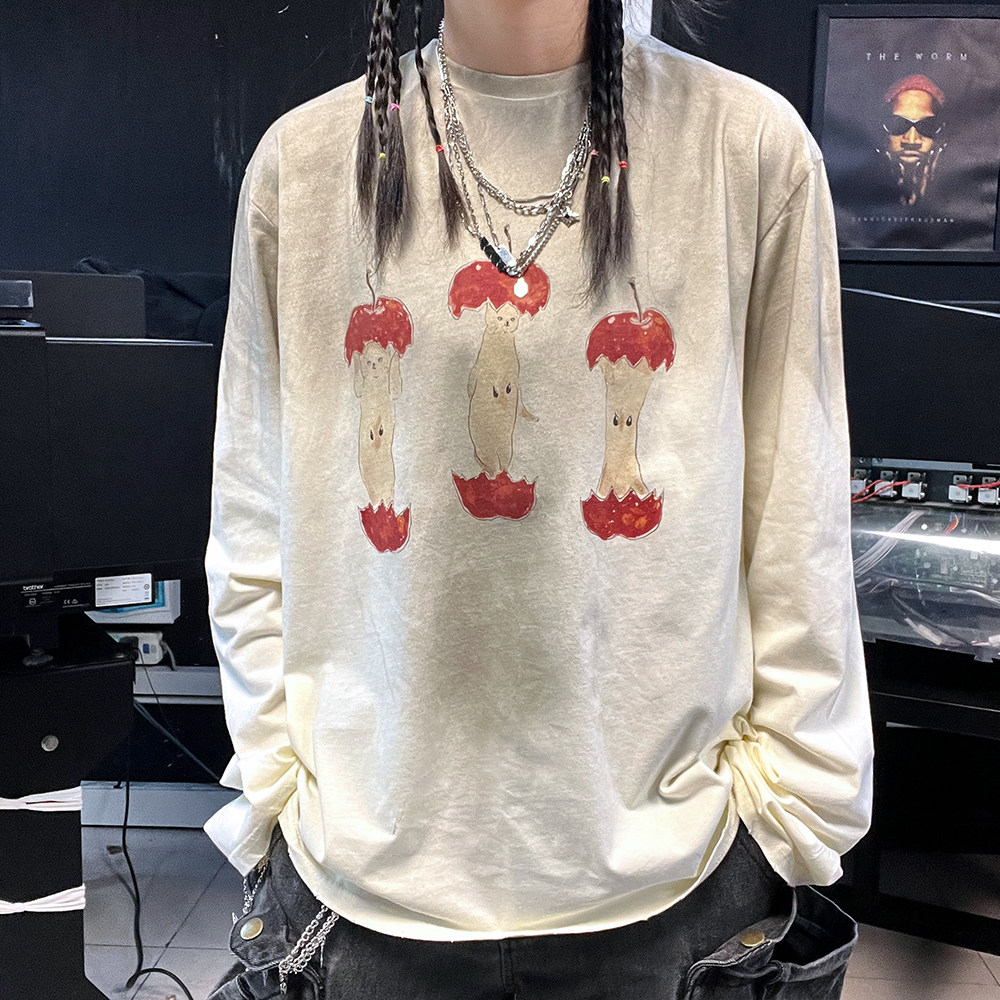 清仓款！可爱ins风猫咪做旧款复古穿搭脏脏长袖T恤情侣装慵懒风