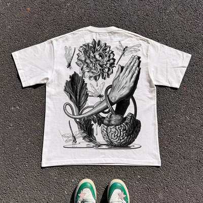 王有病工作室 重磅260G！祈祷复古vintage街头短袖T恤男女情侣装