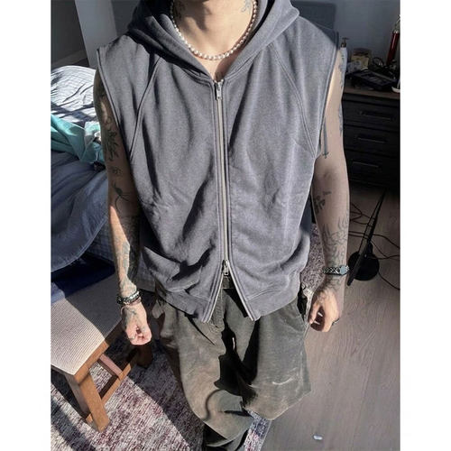 王有病工作室 Cleanfit极简风做旧无袖连帽卫衣坎肩拉链马甲背心