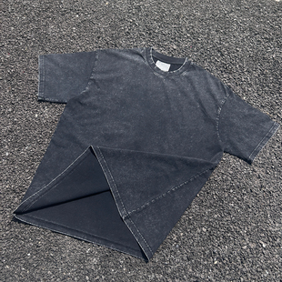 王有病工作室 重磅260G！复古做旧水洗黑短袖T恤vintage情侣装