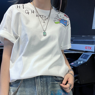 王有病工作室 260G重磅！领口猫咪字母宽松卡通风男女款短袖T恤