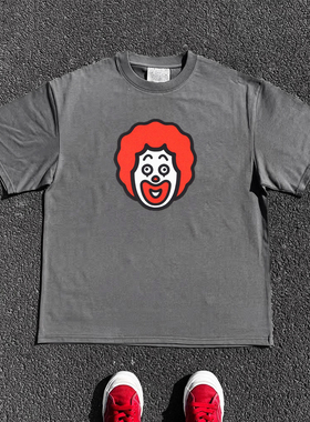 王有病工作室 240G重磅！小丑人像小众百搭简约风铁灰色短袖T恤