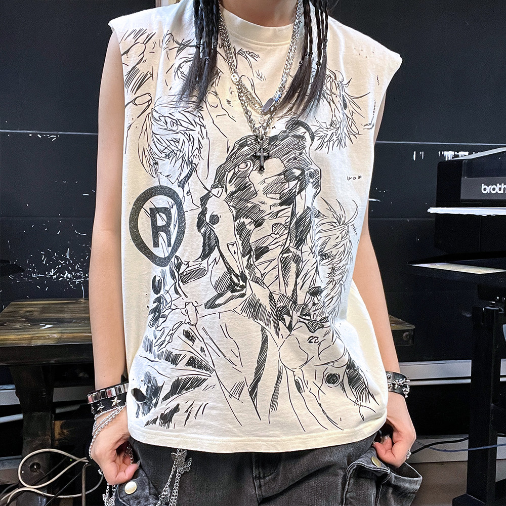 王有病工作室 180G破洞线条动漫手绘稿复古高级街头穿搭砍袖T恤
