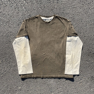 王有病工作室 只做心头好物!脏脏长T配大地色短袖假两件复古做旧
