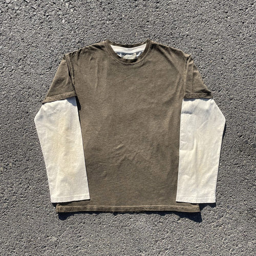 王有病工作室 只做心头好物！脏脏长T配大地色短袖假两件复古做旧