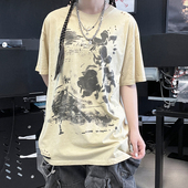 王有病工作室 180G复古黑色荷花高级穿搭男女情侣做旧破洞短袖 T恤