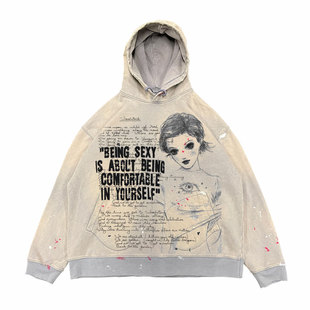 清仓款 复古早秋独特超好看套头卫衣做旧水洗 亚文化动漫美式