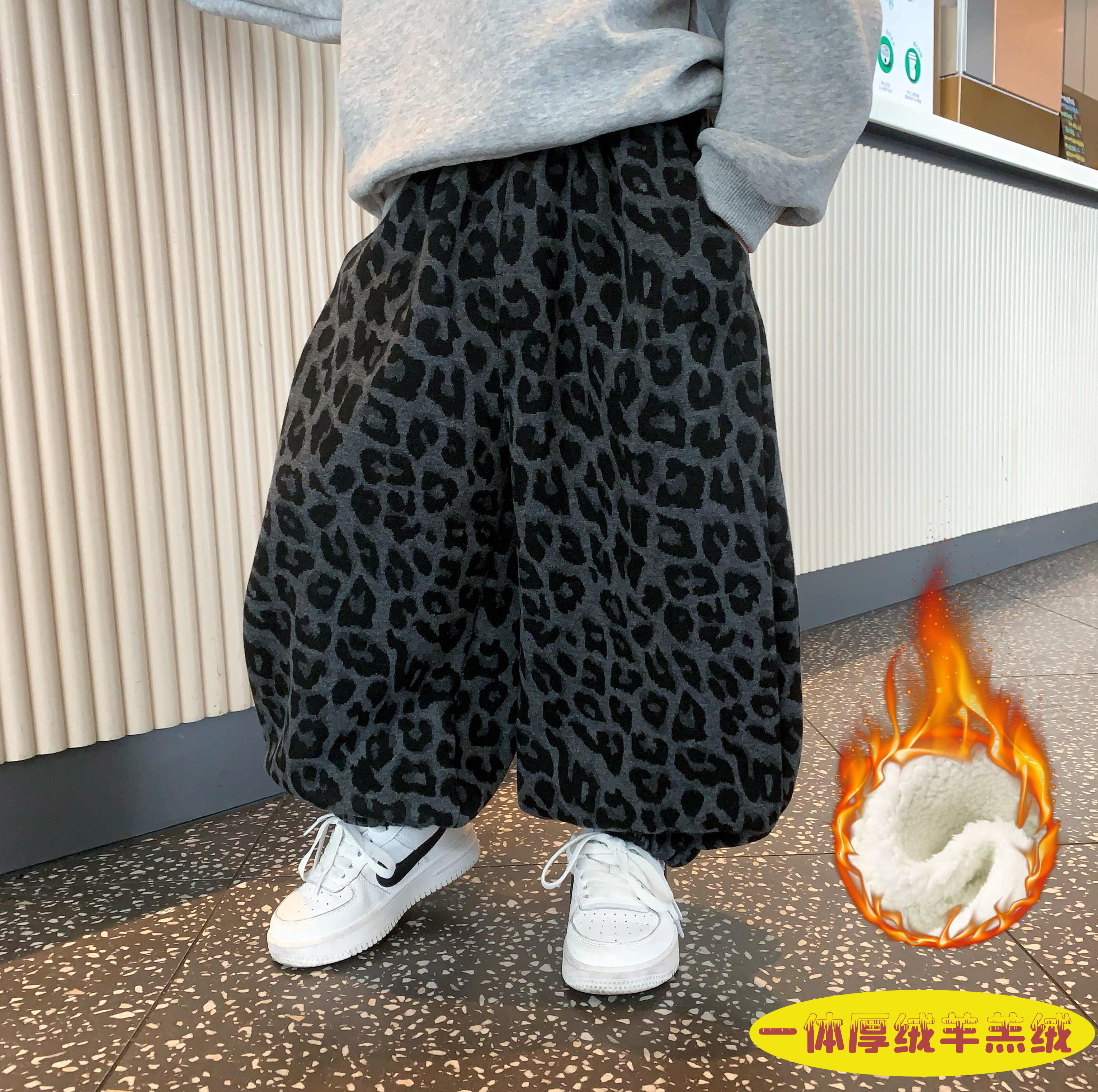 【550克羊羔绒】男女童豹纹一体绒秋冬款2025新款棉裤宽松休闲裤