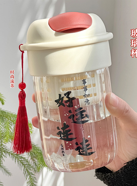 新中式高硼硅玻璃杯女生高颜值学生便携带吸管简约水杯果汁杯子K