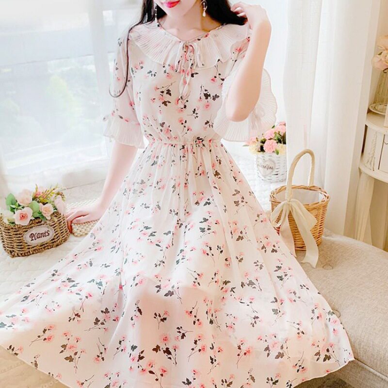 高档裙子大码200斤胖MM夏中长款甜美娃娃领碎花雪纺仙女连衣裙女