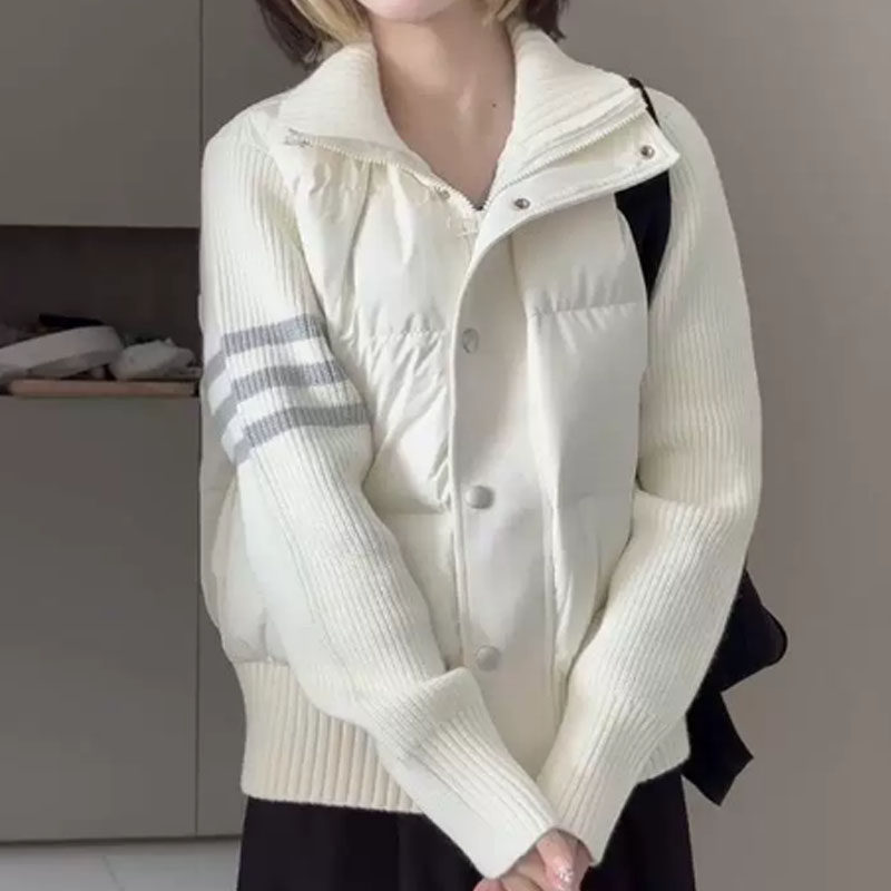 立领气质好看白色短款轻薄夹棉服女秋冬外套棉衣黑色手臂三杠女装