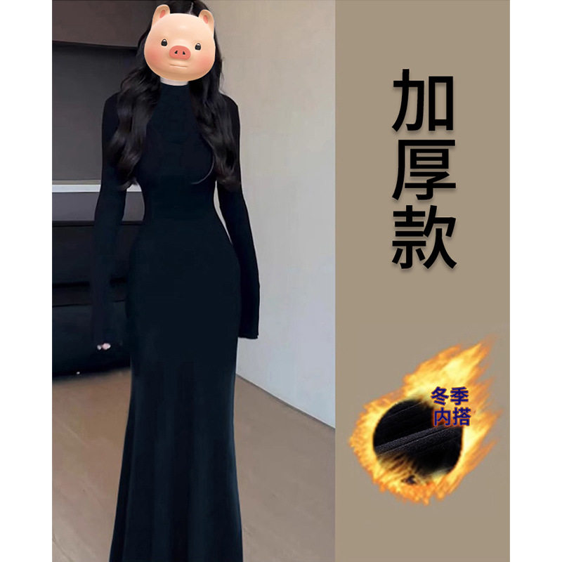 黑色步步生莲鱼尾连衣裙
