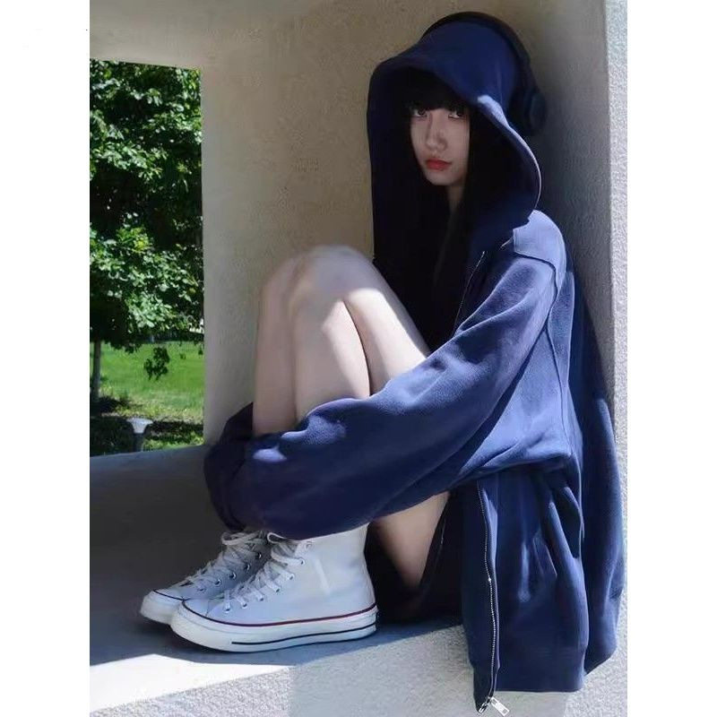 单拉链春秋薄款百搭拉链连帽卫衣女加绒秋冬宽松