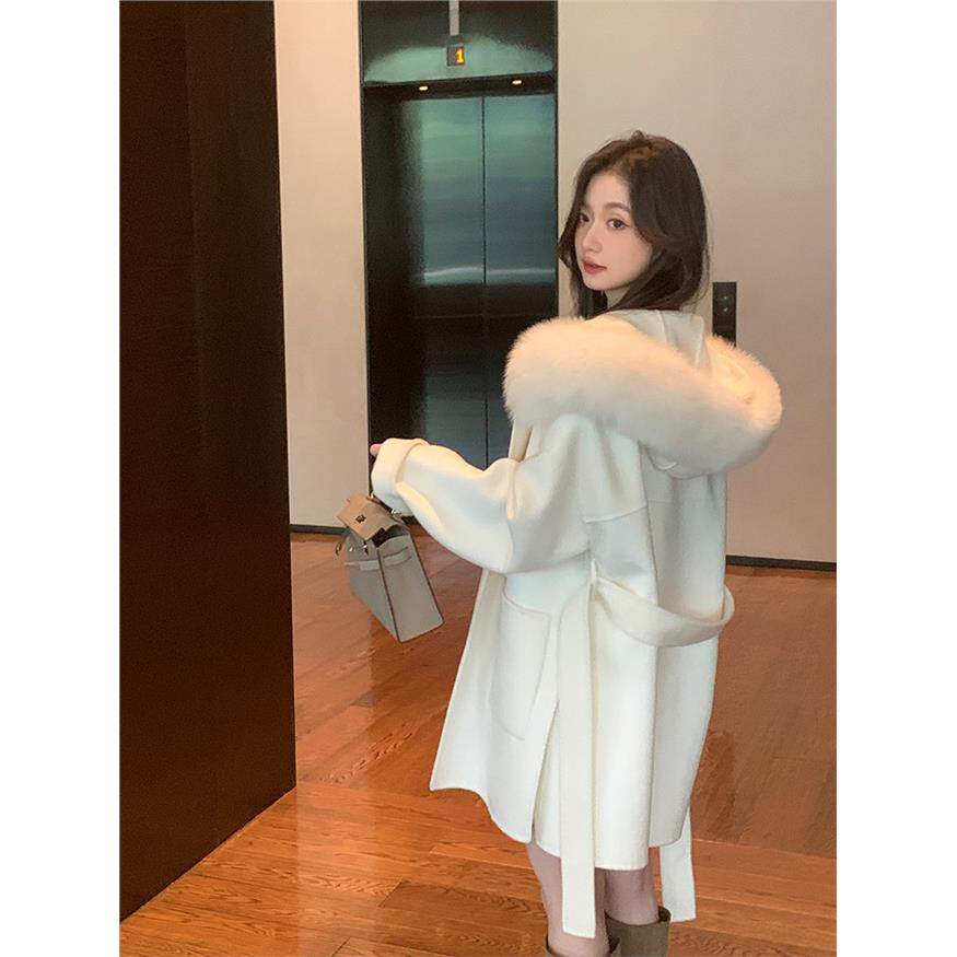 白色秋冬狐狸毛领连帽高级感双面羊绒大衣女中长款毛呢外套
