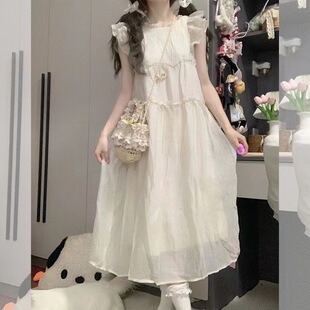 中长裙清新小飞袖超仙女夏季甜美学院风木耳边遮肉显瘦连衣裙