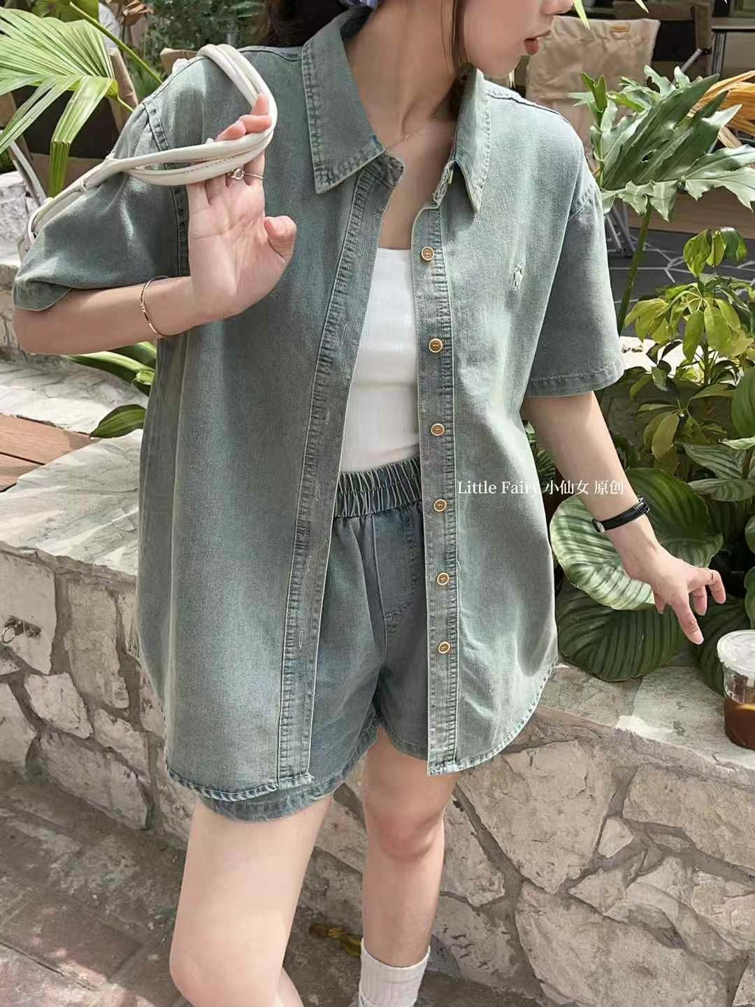 2025年早春新款小马刺绣牛仔套装女短袖衬衫上衣高腰两件套