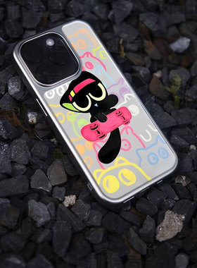 黑猫滑板电镀玻璃黑框磨砂手机壳适用苹果iphone17promax华为华为P60PRO小米14ULTRAOPPORENO13VIVOX200PROMI