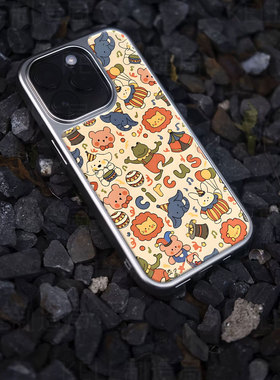 卡通马戏电镀玻璃黑框磨砂手机壳适用苹果iphone17promax华为OPPORENO12小米14PROOPPOFINDX8PRO小米15ULTRA