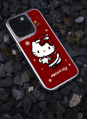 圣诞凯蒂电镀玻璃黑框磨砂手机壳适用苹果iphone17promax华为华为MATE60PROPLUS荣耀300PRO华为MATE50PROOPPO