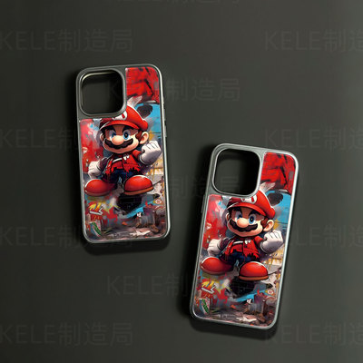 涂鸦玛丽电镀玻璃黑框磨砂手机壳适用苹果iphone17promax华为华为MATE70PROPLUS华为PURA70ULTRAVIVOX200PROM