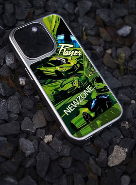 绿色赛车电镀玻璃黑框磨砂手机壳适用苹果iphone17promax华为华为PURA70ULTRA华为PURA80PROPLUSVIVOIQOO12PR