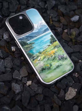 湖光山色电镀玻璃黑框磨砂手机壳适用苹果iphone17promax华为小米14ULTRA华为MATE60PROPLUS华为MATE50PROOPP