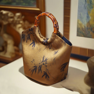 新中式国风原创文艺竹叶竹节圆环手提包女汉服休闲仙女布包百搭新