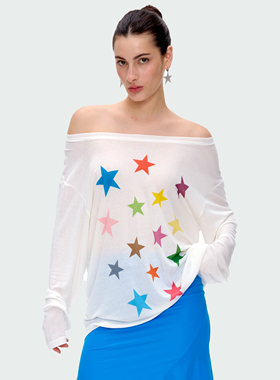 BlingCharm*斜肩休闲天丝星星印花宽松慵懒度假长袖防晒罩衫T恤
