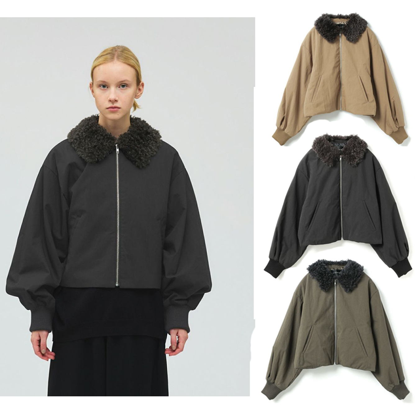 日单纯元卷卷毛领短款薄棉衣外套 3色入个性百搭款