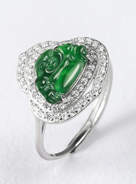 925纯银镶嵌天然翡翠佛公戒指女