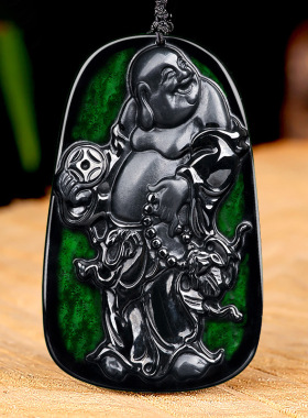 天然正品墨翠佛公吊坠玉石挂件