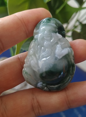 孤品天然飘花财神玉石吊坠