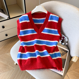背心 V领马甲条纹拼色头毛衣针织百搭女无袖 韩国东大门同款 秋款
