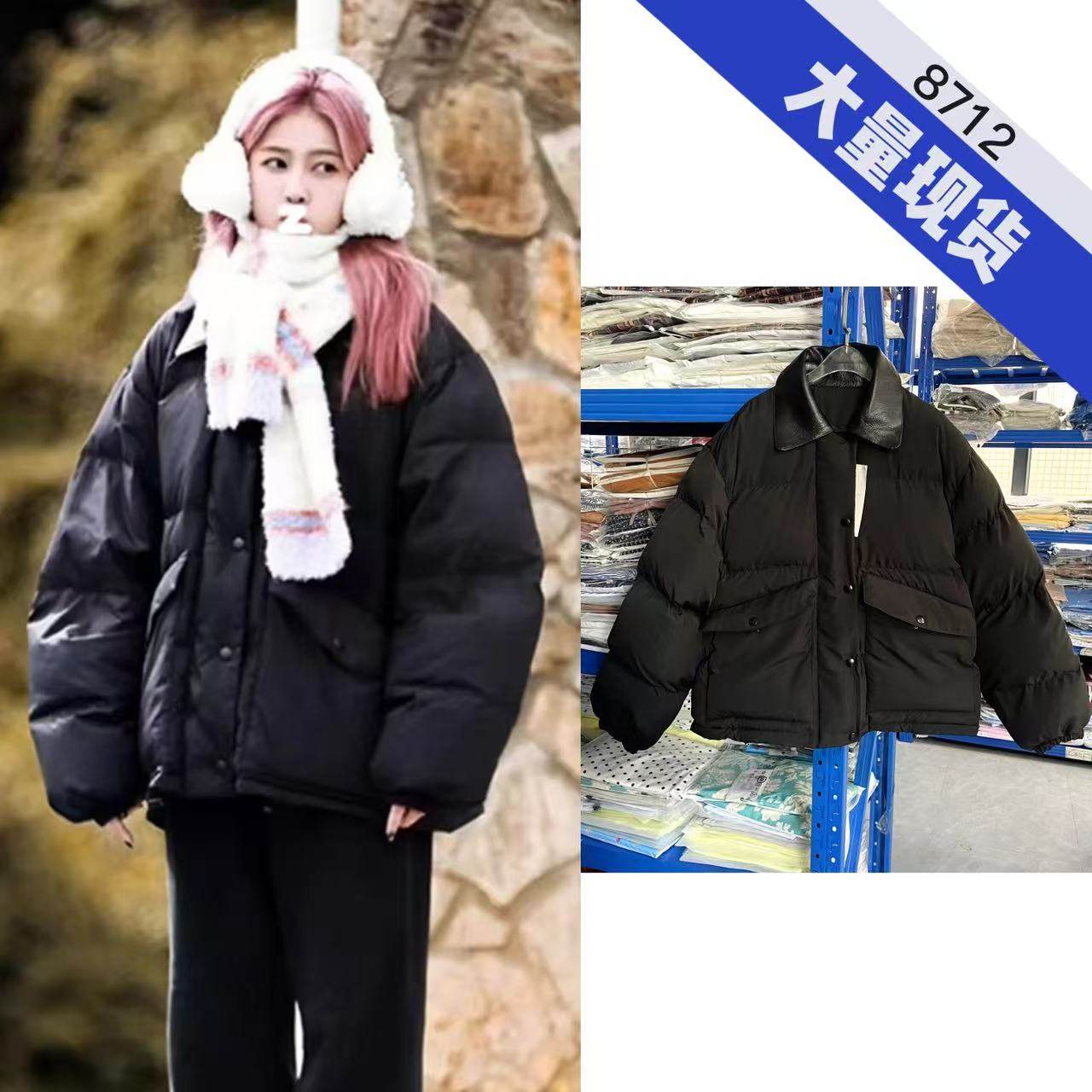 白鹿同款黑色pu皮翻领棉服女冬季2025新款超好看加厚棉袄棉衣外套