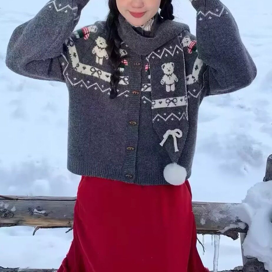 圣诞费尔岛风小熊针织毛衣女款