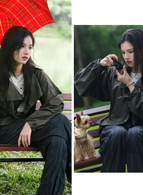 明星张婧仪同款b家墨绿色短款连帽风衣外套秋季抽绳收腰显瘦女