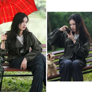 明星张婧仪同款b家墨绿色短款连帽风衣外套秋季抽绳收腰显瘦女