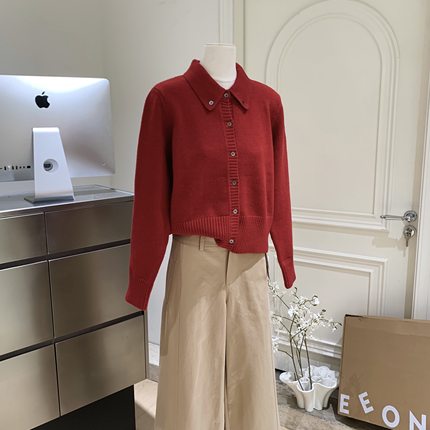 cookadaily人鱼_秋冬高级感软糯针织翻领三色polo开衫毛衣外套