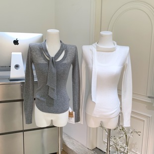 女秋冬长袖 unoone 针织衫 高智感飘带半透修身 内搭T恤上衣 冷都女