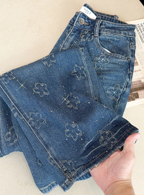 实拍蓝色花朵刺绣烫钻高腰直筒牛仔裤女设计感复古休闲阔腿长裤子