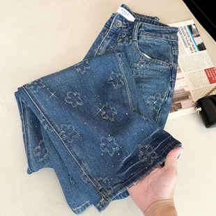 实拍蓝色花朵刺绣烫钻高腰直筒牛仔裤 子 女设计感复古休闲阔腿长裤
