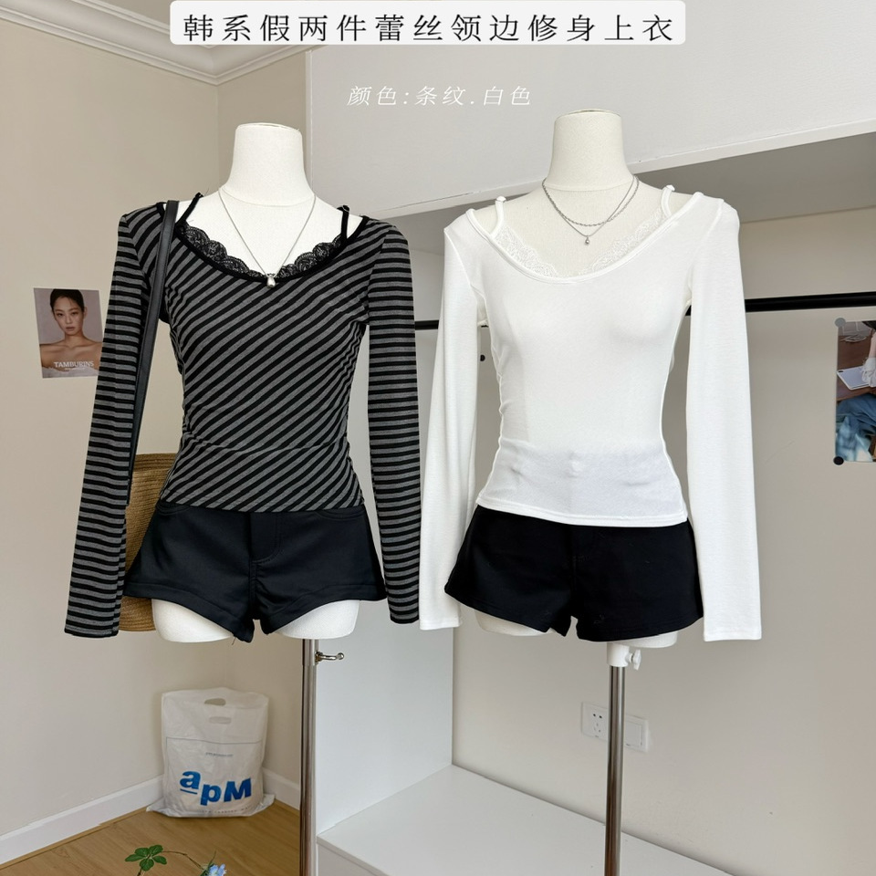 韩系天丝羊毛修身蕾丝长袖T恤
