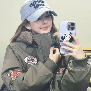 F426.赵露思许妍同款冬季新款美式休闲复古连帽毛领派克棉服