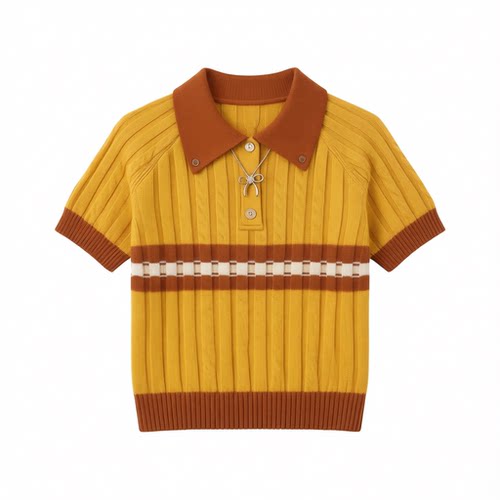 POLO领橘色修身短袖针织T恤女