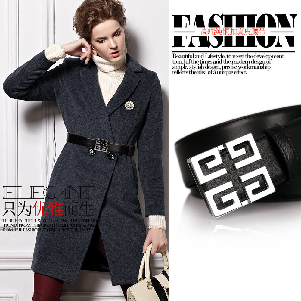 2025新款纯铜方扣真皮腰带配大衣女百搭装饰大码宽皮带黑色欧美风