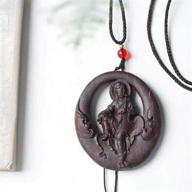 吉祥】越南芽庄沉香木雕刻自在观音项链吊坠挂件男女脖挂镂空平安
